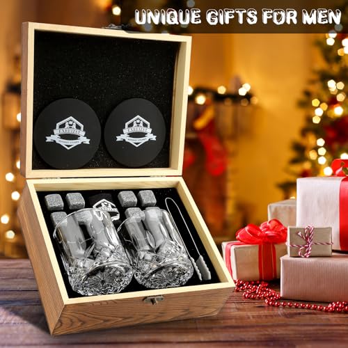 EXREIZST Whiskey Stones Gift Set with 2 Glasses & Wooden Box - Granite Chilling Rocks + Straight Glasses