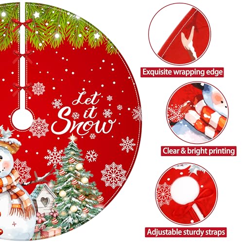 Casuru Red 48-Inch Snowman Christmas Tree Skirt | Let It Snow Holiday Tree Mat