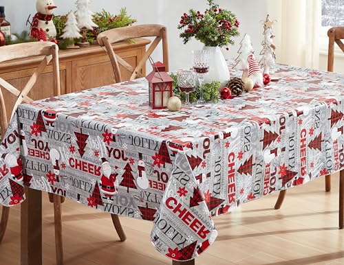Newbridge 60 x 102 Inch Christmas Joy & Cheer Vinyl Tablecloth - Red Plaid Holiday Decor