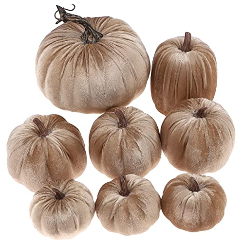 8 Pcs Assorted Velvet Artificial Pumpkins, Champagne Fall Harvest Decor