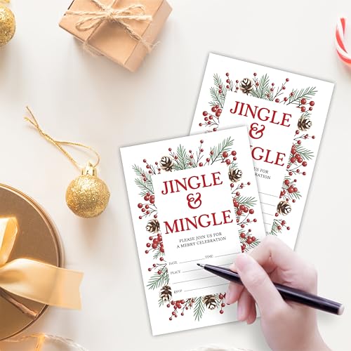 Jingle & Mingle Christmas Invitation Cards with Envelopes - Greenery, Fill-In Style, Pack of 20