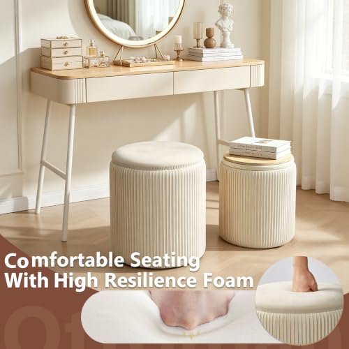 Royal Windsor Velvet Beige Round Storage Ottoman Set of 2 - Vanity & Footrest