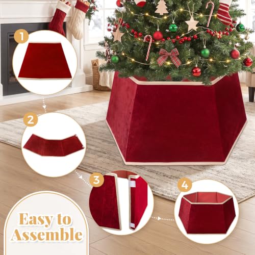26-Inch Red Velvet Christmas Tree Skirt with Gold Trim & Fasteners