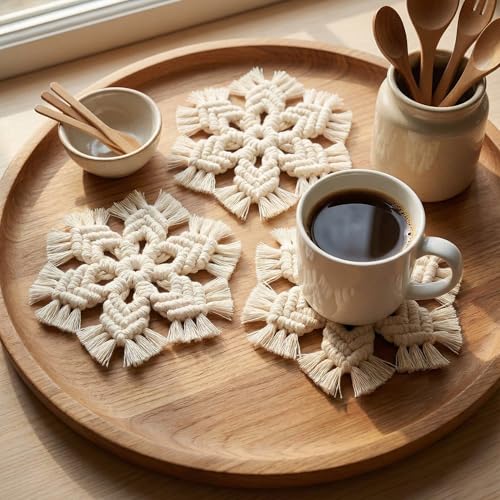 Handwoven Macrame Snowflake Coasters and Ornaments - Set of 6