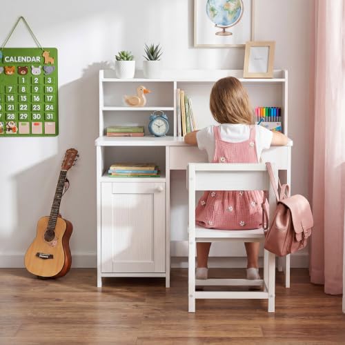 BOLUO Wooden Kids Study Desk with Storage & Chair Set, White for Ages 8-12