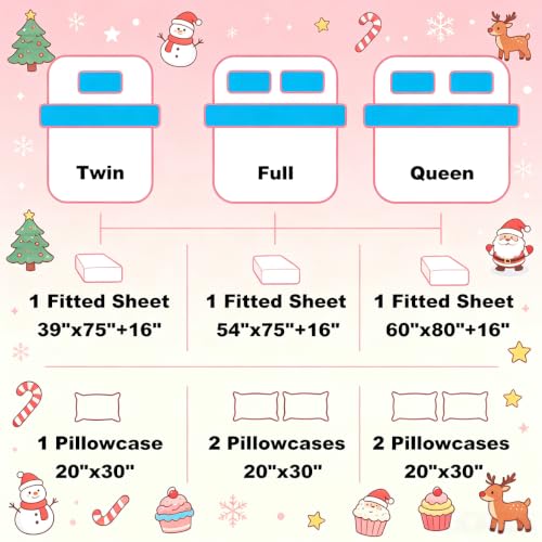 Erosebridal Full Christmas Fitted Sheet Set with 2 Pillowcases – Cartoon Santa Snowman Pine Tree Bedding