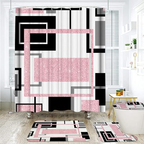 4-Piece Pink Geometric Shower Curtain Set with Non-Slip Bathroom Rugs