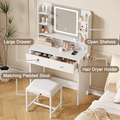 Vanity Desk with Lighted Mirror, Charging Station, and Padded Stool - White