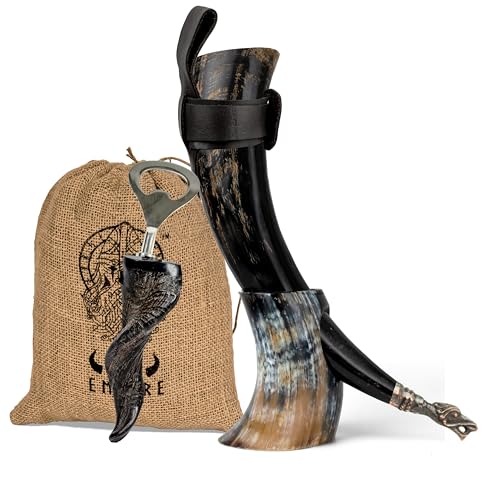Norse Empire Viking Drinking Horn with Stand – 12oz Medieval Beer Mead Horn