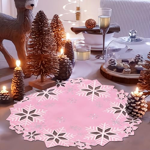 Simhomsen Pink Embroidered Snowflake Doily Placemats Set of 4 15 Inch Christmas Winter Decor