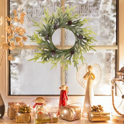4 Pcs Artificial Frosted Cypress Candle Rings with Pinecones 10-Inch