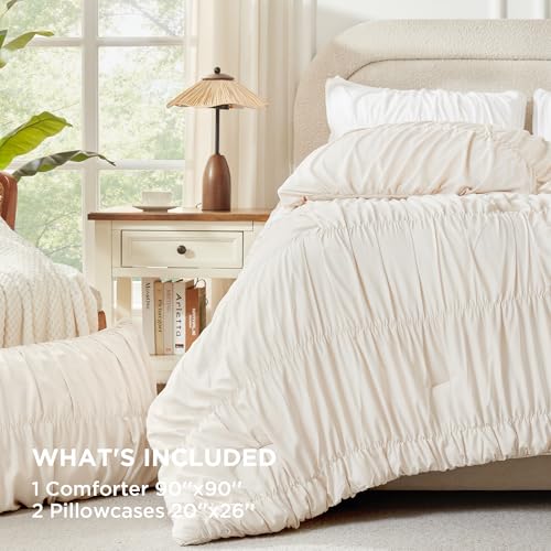 Beige Ruched Queen Comforter Set - 3 Piece Boho Bedding