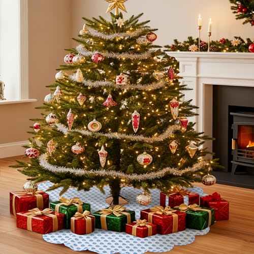 48-Inch Cotton Christmas Tree Skirt - Blue & White Floral Block Print