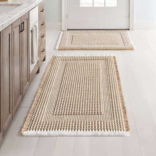 MIULEE Waffle Bathroom Rugs Set of 2 - Brown & Cream Boho Bath Mat