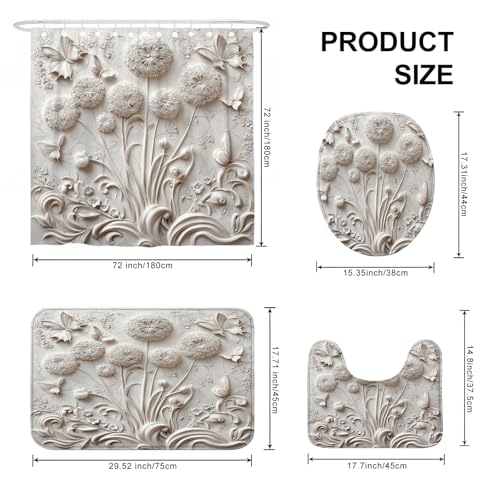 Vintage Dandelion 4-Piece Shower Curtain & Bathroom Rug Set - 72x72