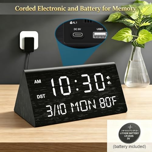 Wooden Digital Alarm Clock with Dual USB Charging Ports and Dimmable LED