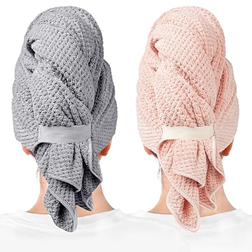 ROLSHOL 2-Pack Large Microfiber Hair Towel Wraps for Women - Grey & Pink, Fast Drying, 27 x 39 Inches