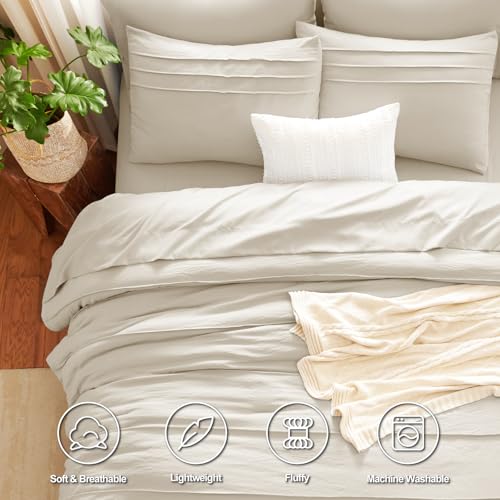 King Size 7-Piece Comforter Set in Beige with Pinch Pleat Design