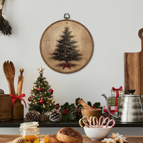 Voxitura Vintage Winter Christmas Tree Wall Art Round Framed - Coquette Bow 10x10in (Tree Bow Variation)