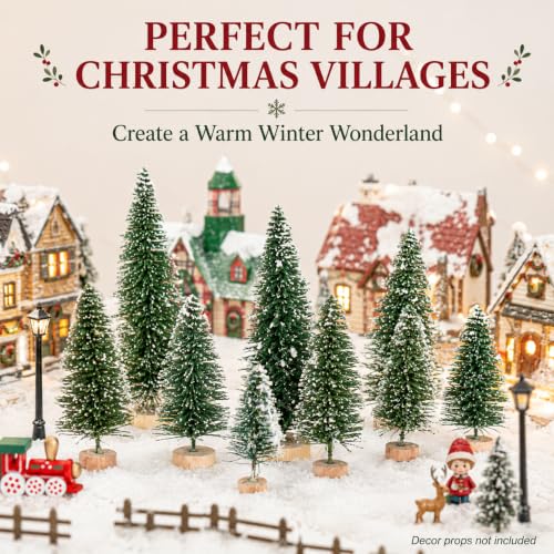 YIGETREE 10 Pack Snowy Mini Christmas Trees – 5 Heights for Village & Tabletop Decor (2 of each size)