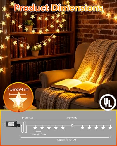 100 LED Star String Lights - 33ft Warm White Waterproof Plug-In Fairy Lights
