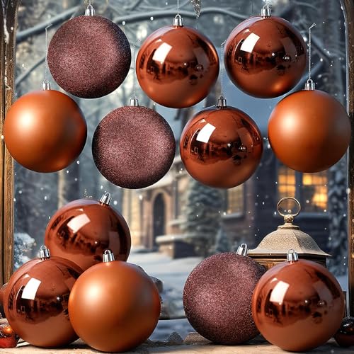 Jenaai 12 Pcs Large 4-Inch Brown Christmas Ball Ornaments – Matte, Glossy, Pearly Lustre & Glitter