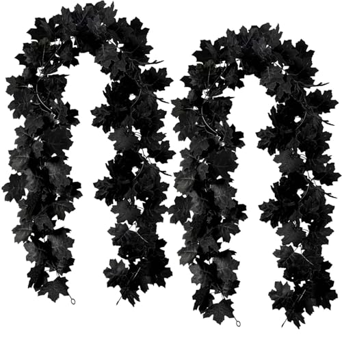Black Maple Leaf Halloween Garland - 11.8 ft Artificial Fall Vines (2 Pack)