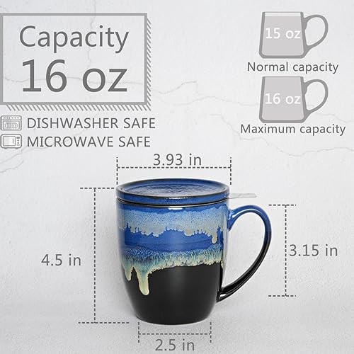 Bosmarlin Blue Ceramic Tea Mug with Infuser & Lid 16 Oz – Dishwasher & Microwave Safe