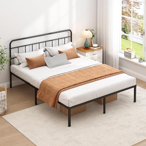 Queen Size Metal Bed Frame with Classic Headboard and Under-Bed Storage
