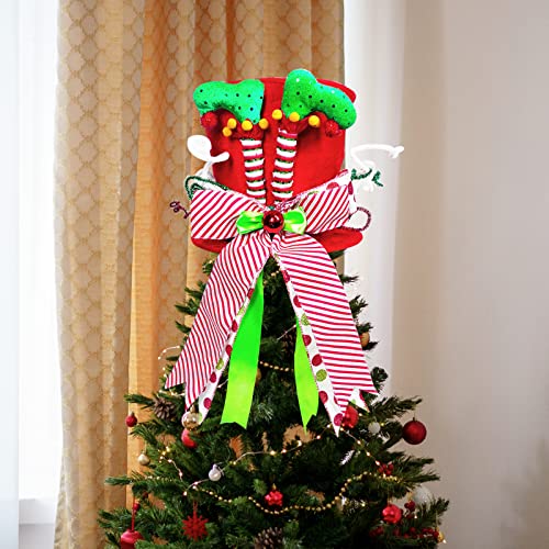 Lordaeron Red Velvet Christmas Tree Topper Hat with Elf Legs & Bowknot