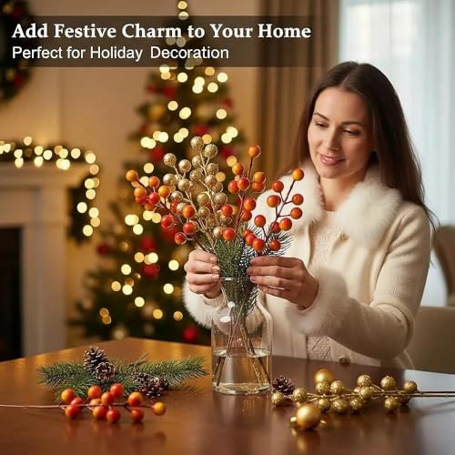 28 Pcs Artificial Holly Berry Stems for Holiday Decor, Reusable Christmas Wreaths & Centerpieces