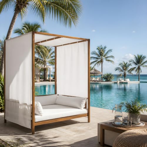 Outdoor Acacia Wood Canopy Daybed with Curtains & Cushions, 72" White