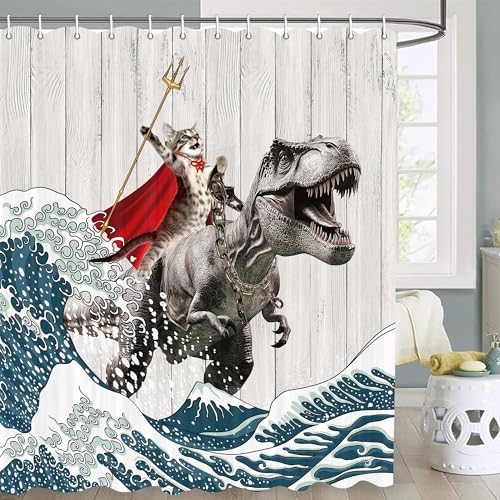 Funny Cat Riding Dinosaur Shower Curtain Waterproof Polyester 72x72 Inch