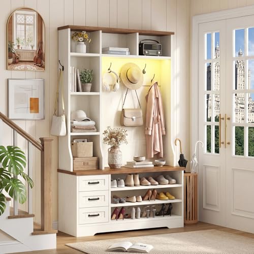 Farmhouse Hall Tree with Bench, Storage Drawers, LED Lights, and Coat Hooks