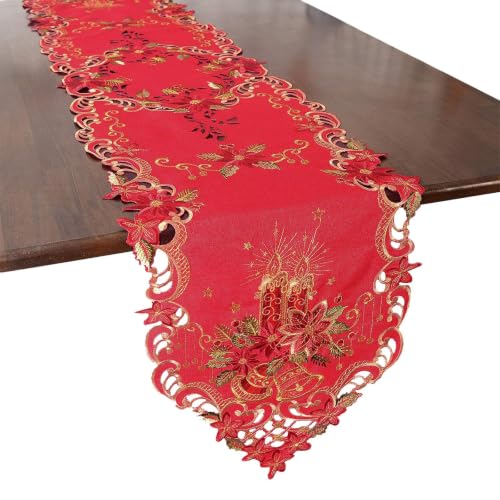 Embroidered Poinsettia Christmas Table Runner - Red Polyester, 14x54 inches