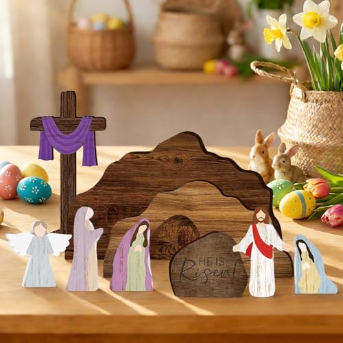 Wooden Easter Resurrection Scene Decor - 9-Piece Empty Tomb Cross Set