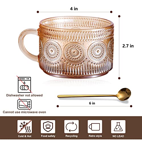 JVJRFQ Amber Vintage Glass Coffee Mugs Set of 2 with Bamboo Lids & Spoons, 14 Oz Breakfast Cups for Coffee & Yogurt