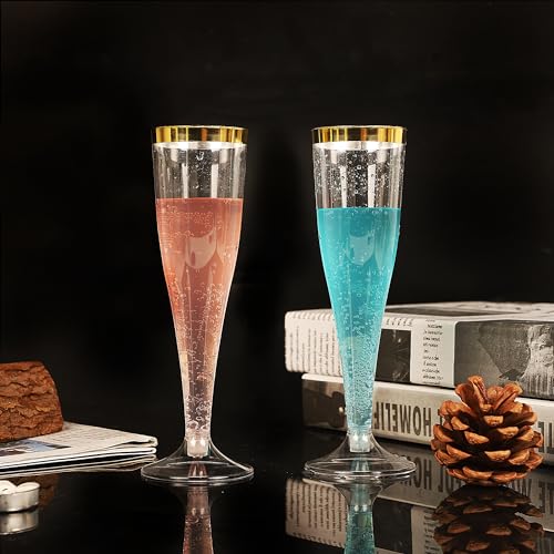 Small Disposable Champagne Flutes Set of 100 - Clear with Gold Rim, 4.5oz