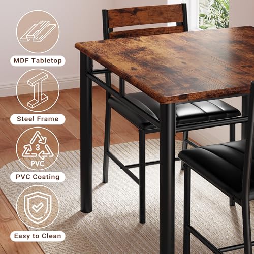 3-Piece Compact Dining Table Set for 2 with Upholstered Chairs, Rustic Brown