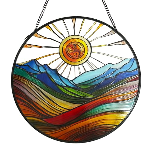 Sun Mountains Stained Glass Suncatcher - 7.9'' Boho Window Decor