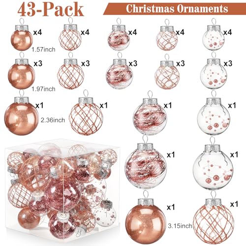 Civaner Rose Gold Christmas Ornament Set - 43 Shatterproof Plastic Balls, Holiday Decor