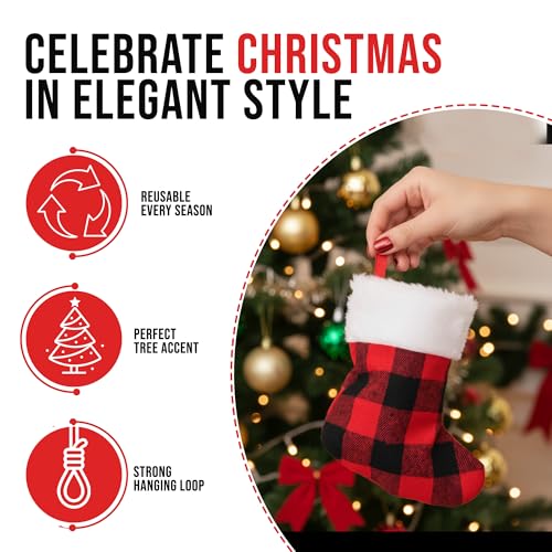 24-Pack Mini Christmas Stockings - 6-Inch Red Buffalo Plaid Ornaments