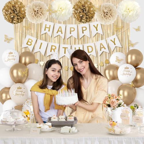 White and Gold Birthday Decorations Kit with Butterfly Stickers and Banner
