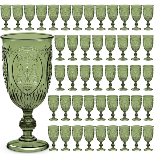 48 Pcs Plastic Vintage Embossed Wine Goblets, 7.5oz Olive Green Stemware