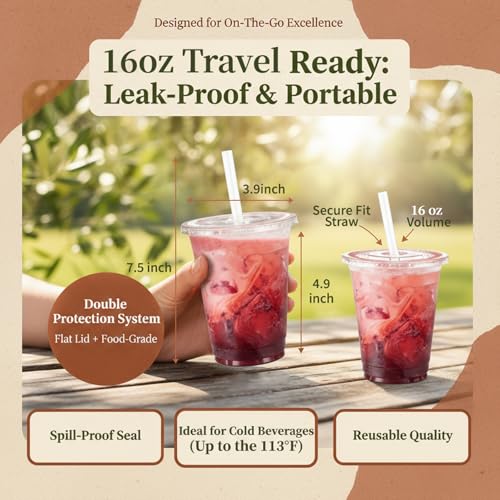 16 oz Clear Disposable Plastic Cups with Lids and Straws - 110 Pack