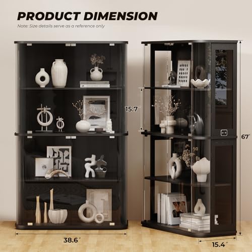 Large 4-Tier Glass Display Cabinet with 3-Color LED Lights and Motion Sensor