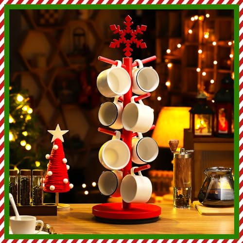 Red Snowflake Christmas Mug Tree Holder with 8 Hooks - Wooden Coffee Cup Organizer