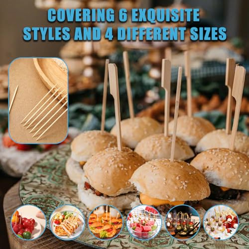 500PCS Natural Bamboo Cocktail Picks Set - 6 Styles & 4 Sizes for Drinks & Appetizers