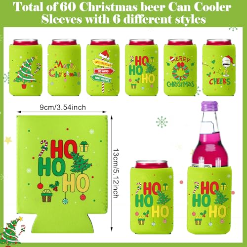 Christmas Beer Can Coolers - 60 Pack Insulated Neoprene Sleeves for 12oz Cans & Bottles