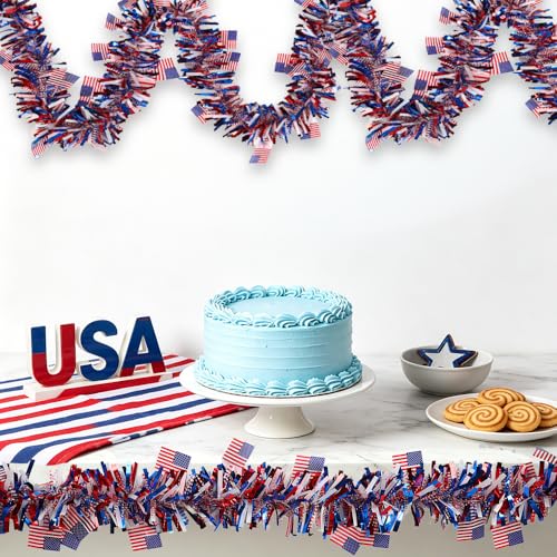 Patriotic Tinsel Garland with American Flags - 33ft Red White Blue Decor